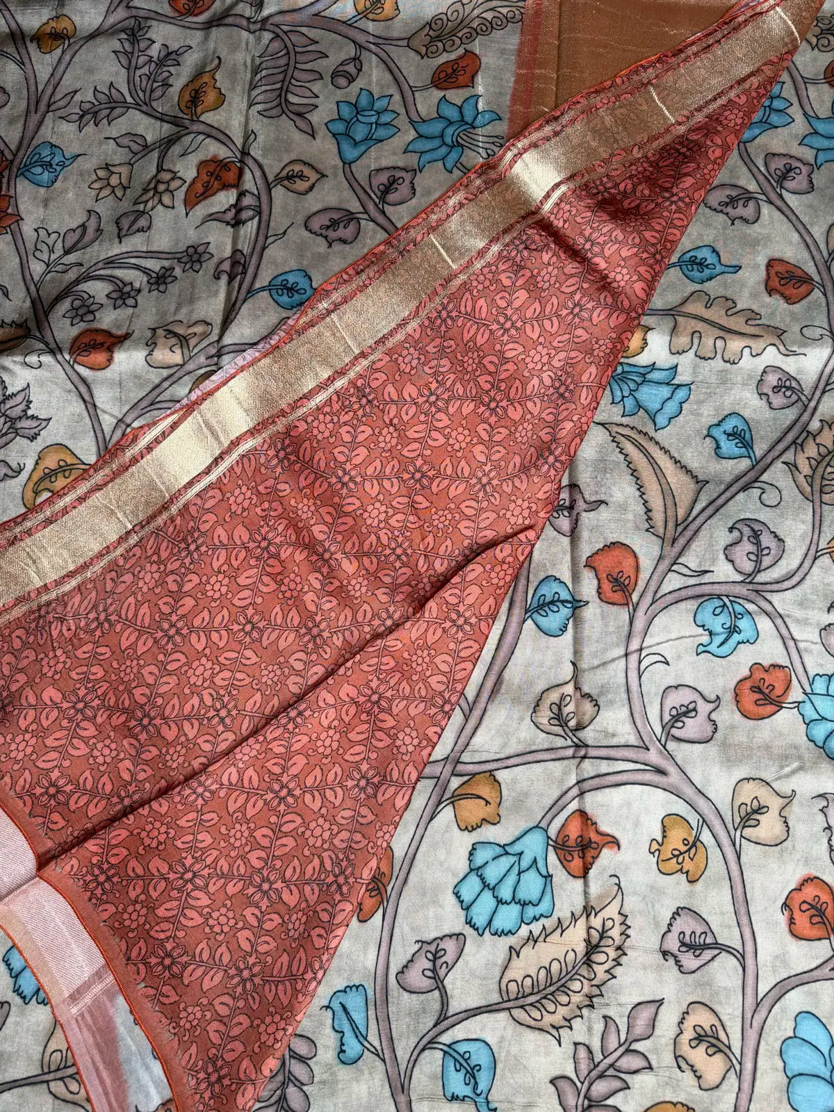 Kalamkari crep silk saree gray and cinnamon colour