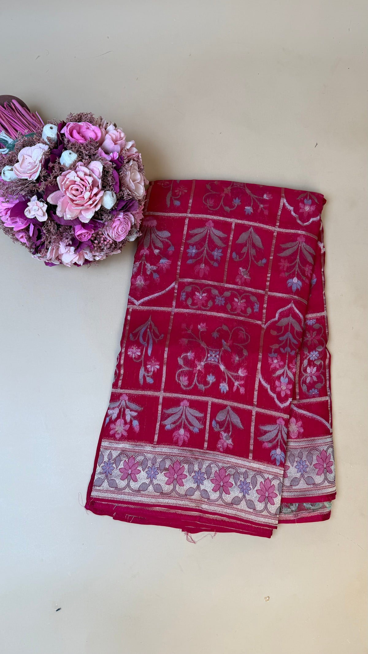 Rani Pink Organza Jaamdani Saree