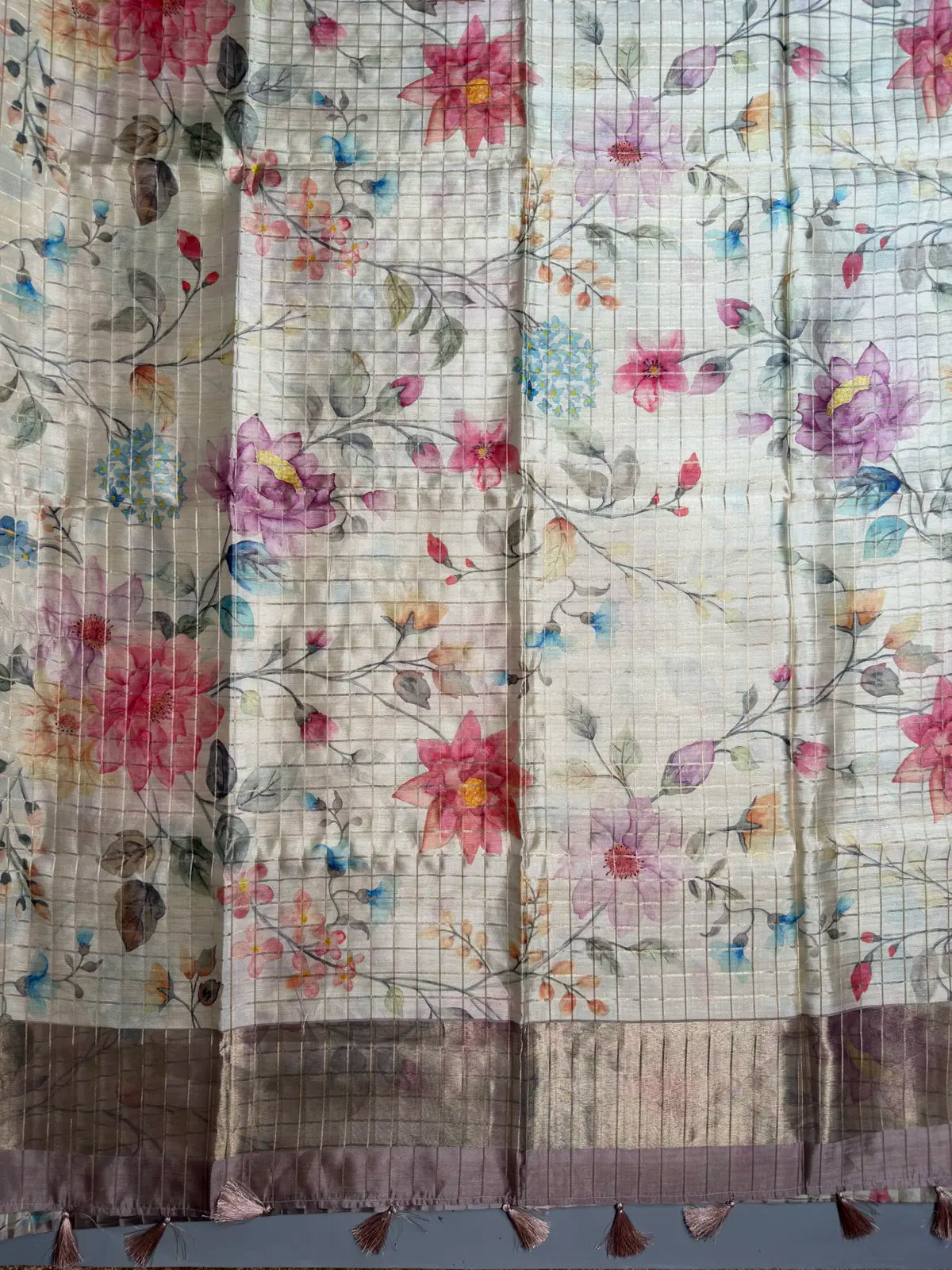 Pastel Floral Digital Print Saree with Zari Checks
