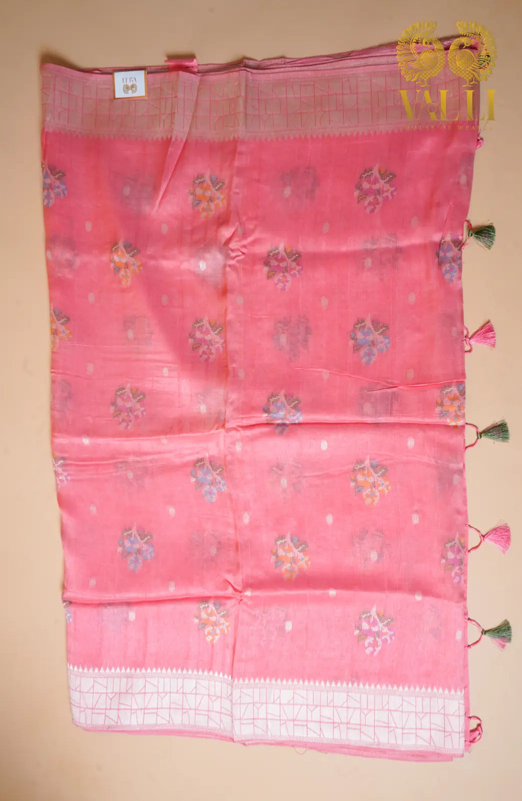 Peach Tussar Saree Cross Stitch Motifs with Brocade Pallu & Blouse