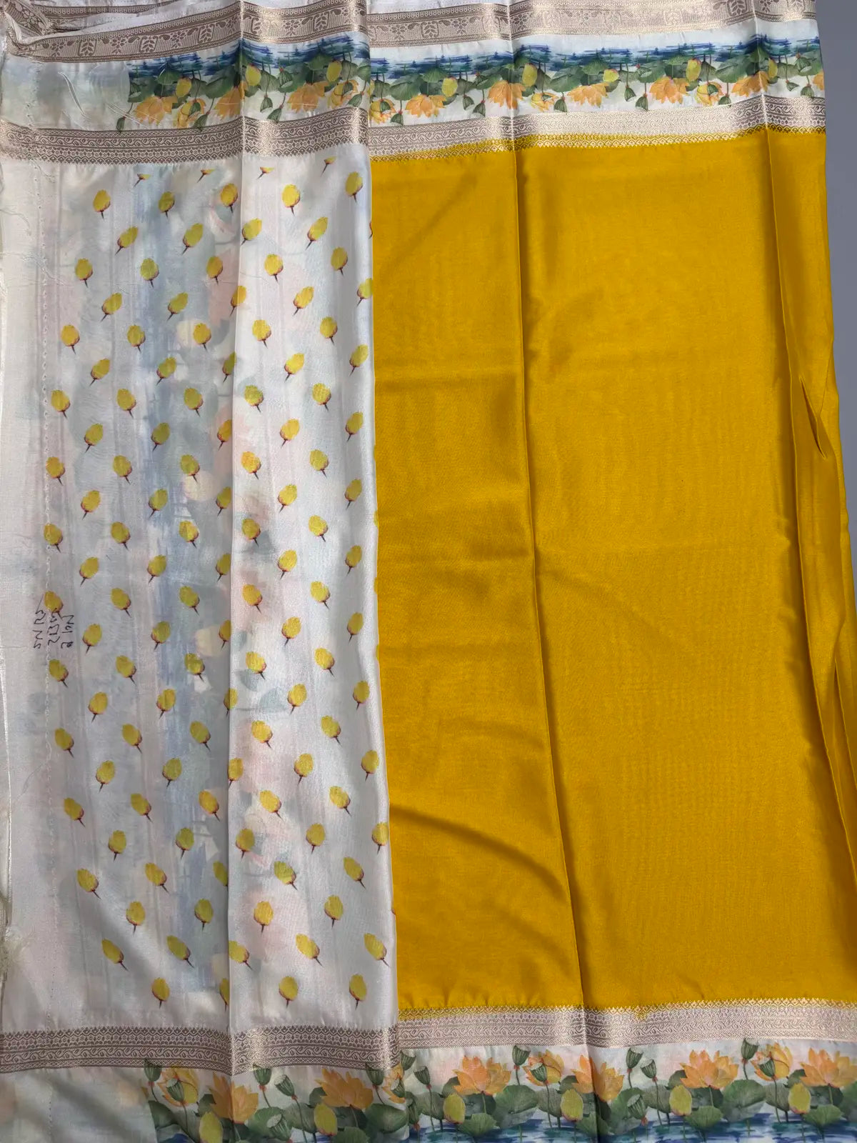Mustard Yellow Semi Crepe Silk Saree with Lotus digital Print