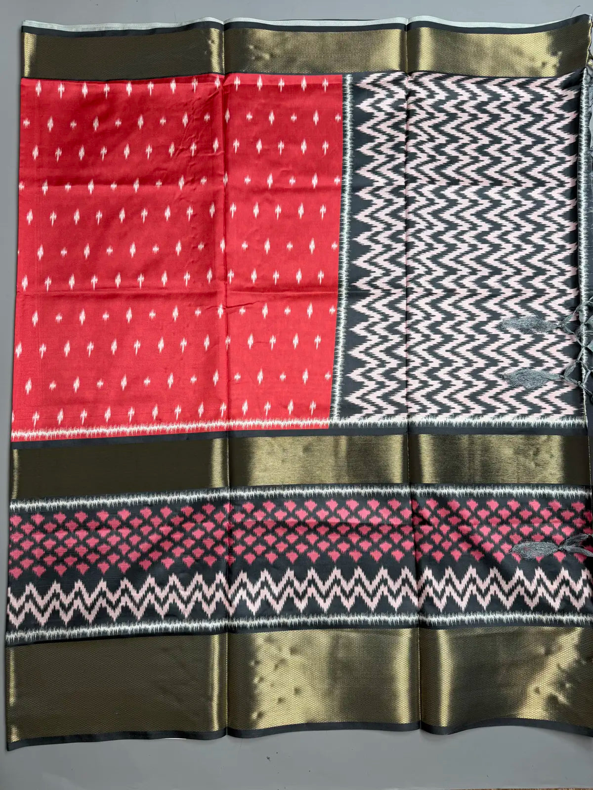 Red Semi Silk Saree with Grey Geometric Blouse