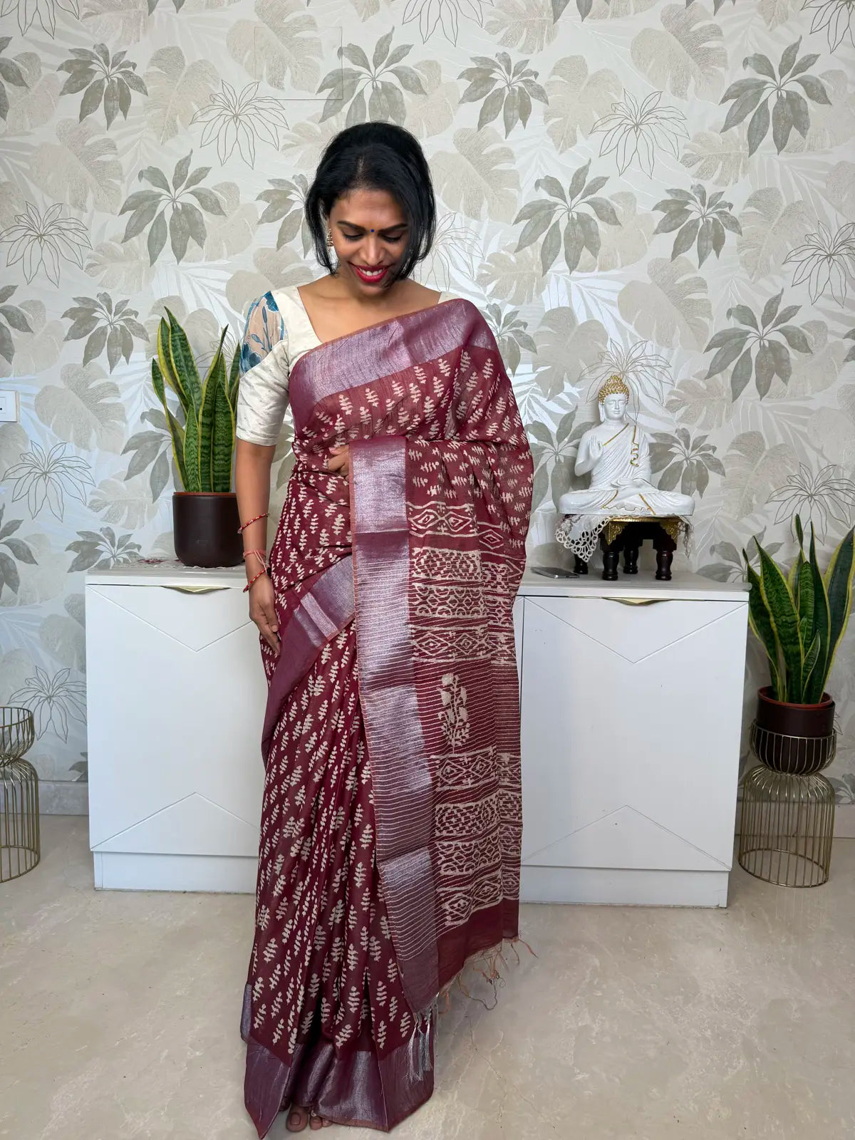 Maroon Cotton Saree with Block Print and Batik Pallu