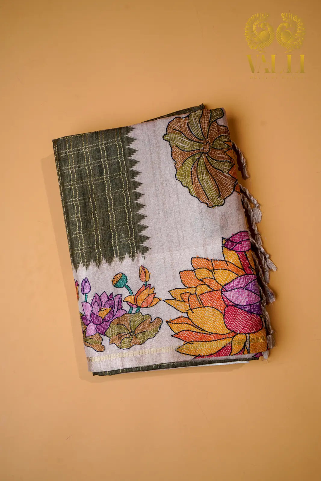 Tussar hand paint saree olive green