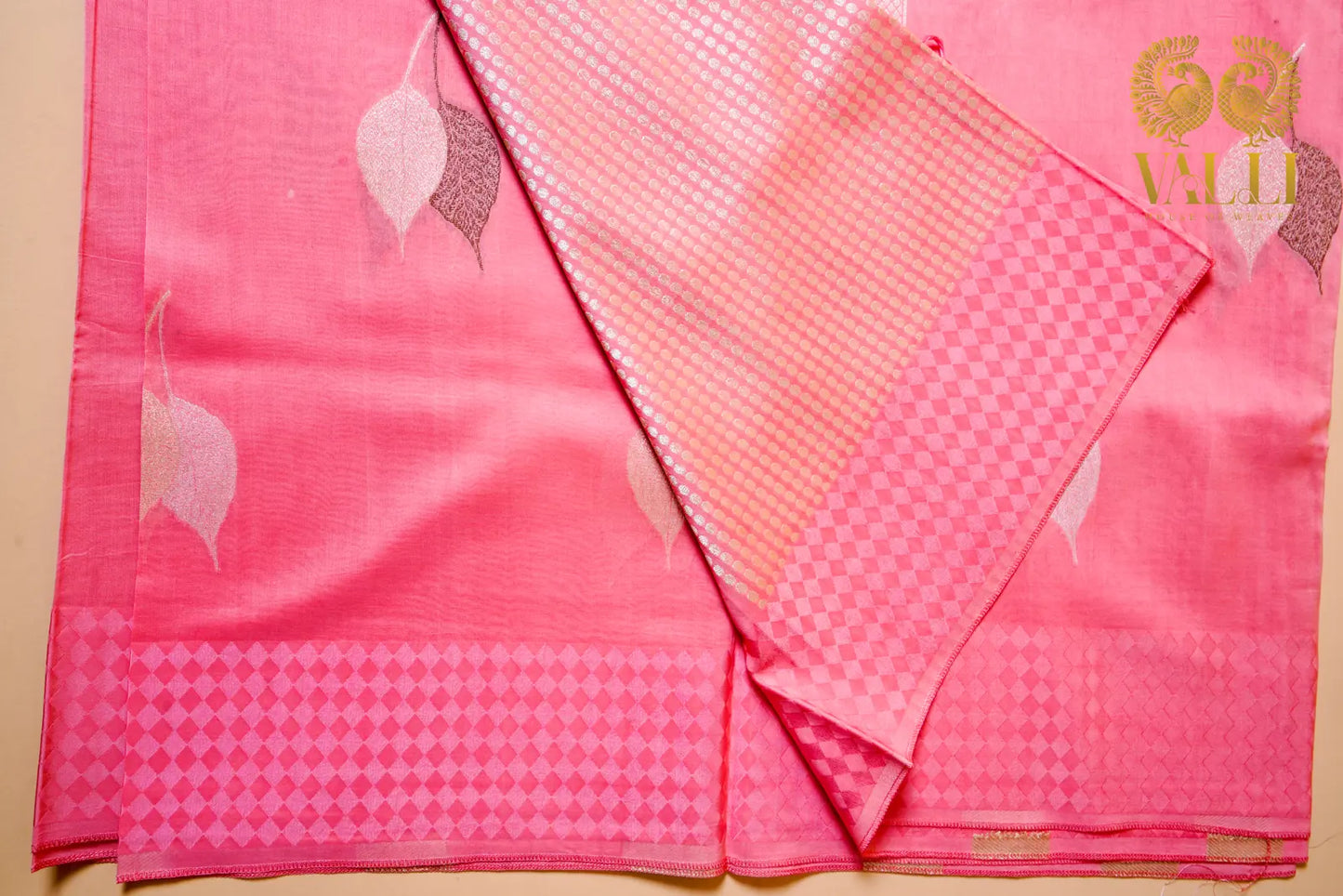 Candy Pink Munga Silk Saree with Silver Leaf Motifs ✨