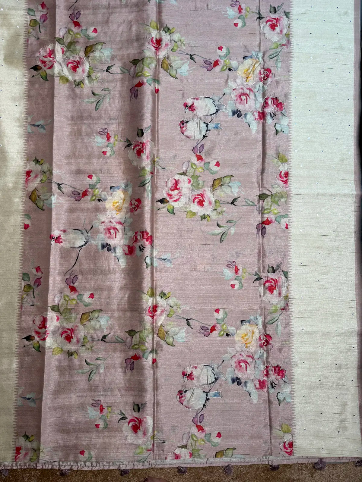 Blush Pink Floral Bird Digital Print Saree