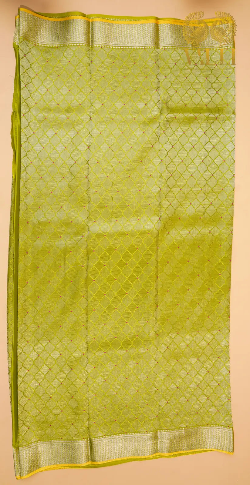 Lemon Green Banarasi Crepe Silk Saree with Yellow Selvage