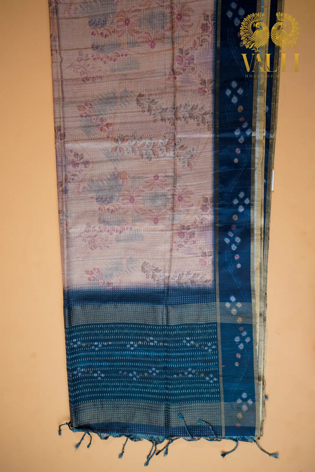 Eco print tussar saree beige +Teal blue