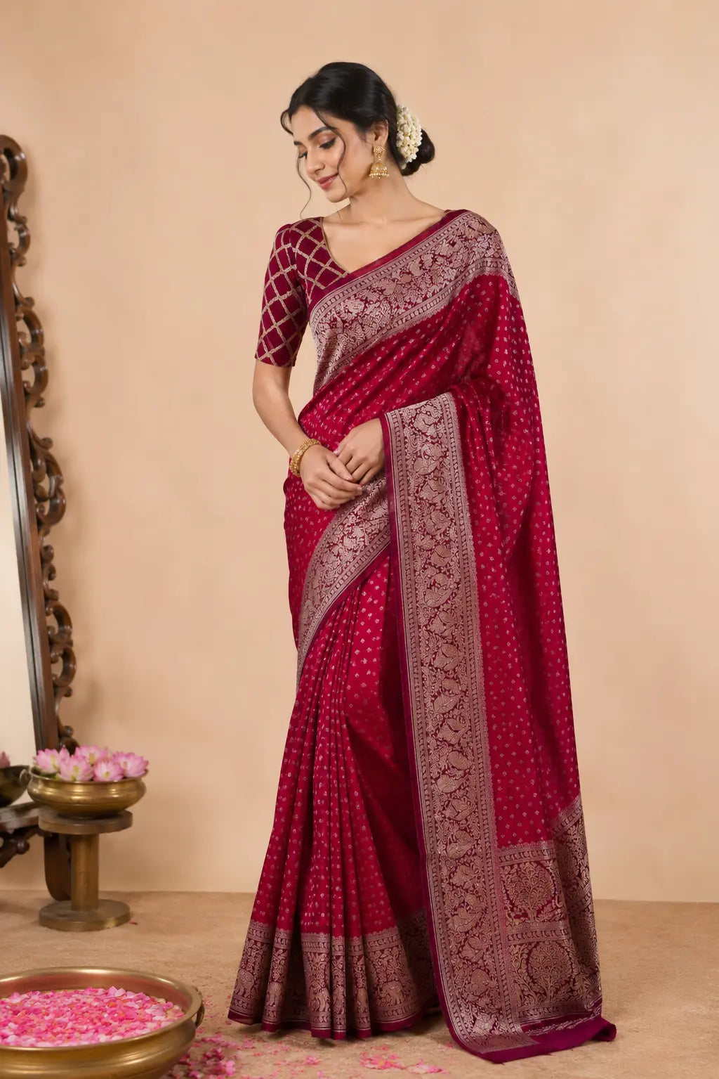 Khadi georgette saree dark pink with maroon