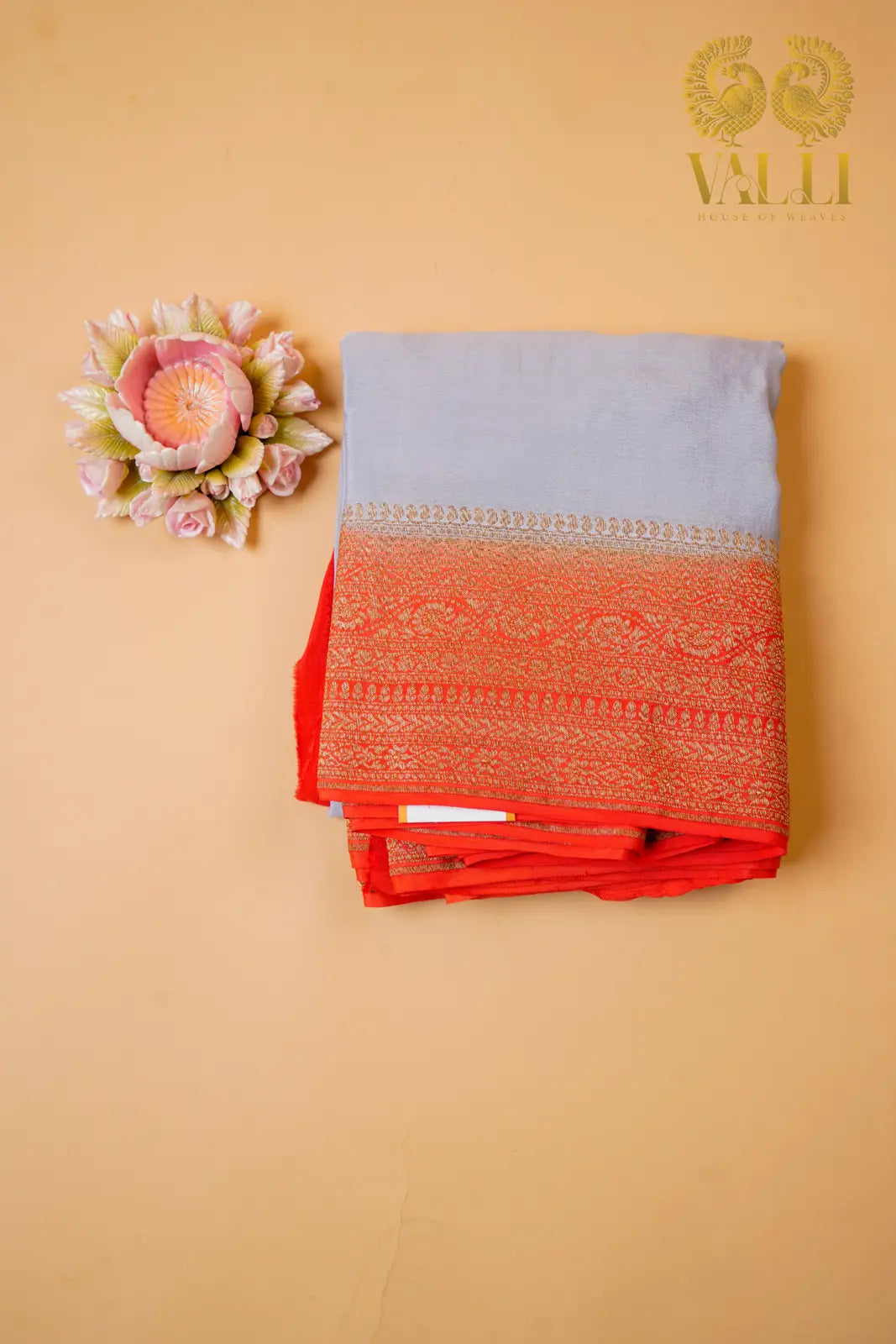 Grey Pure Georgette Banarasi Saree with Antique Zari Border & Red Brocade Blouse