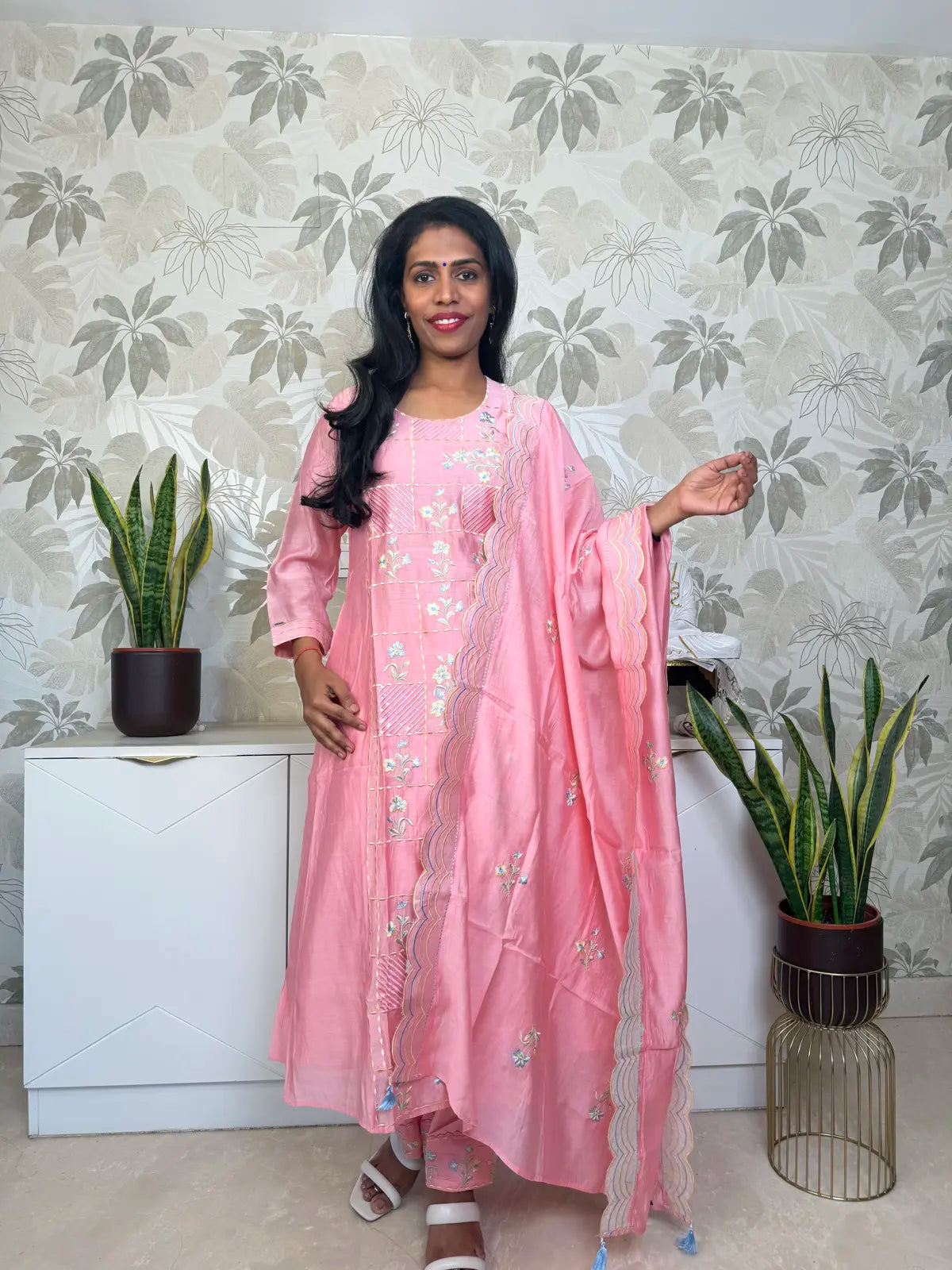 Peach Pink Salwar Set with Floral Embroidery and Patchwork Panels