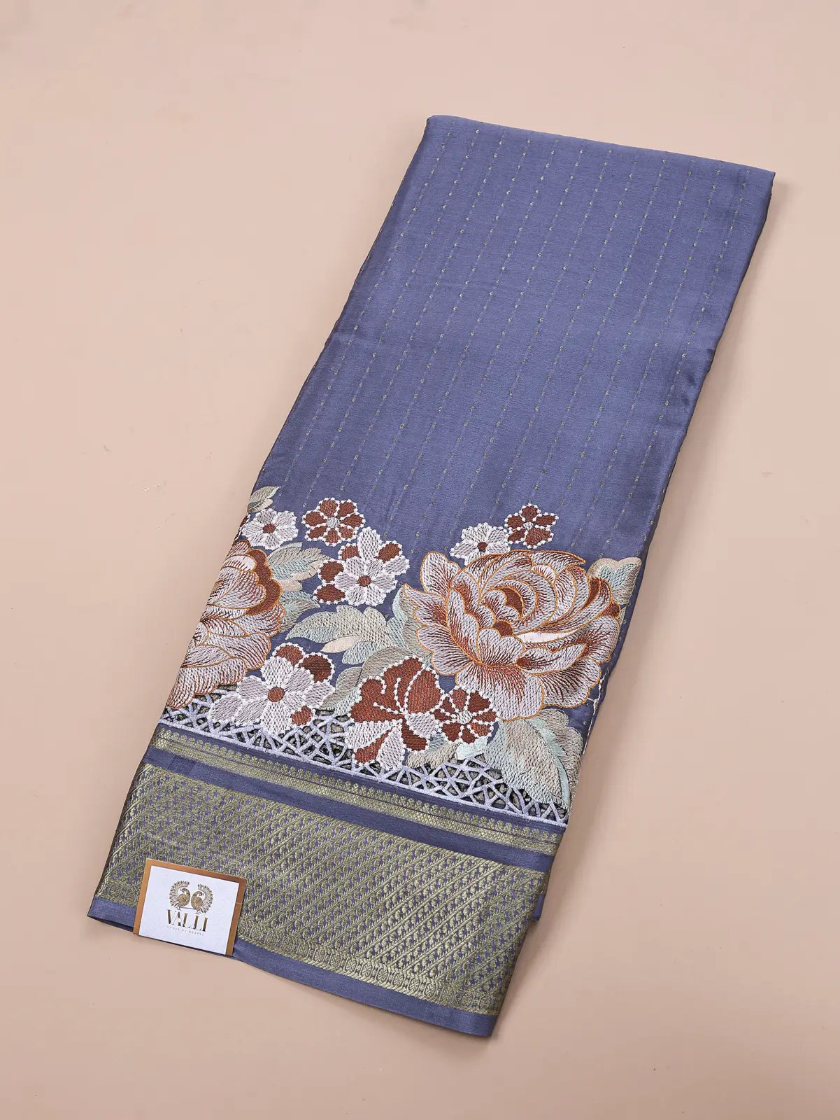 Pure Crepe Silk Saree – Grey with Floral Embroidery