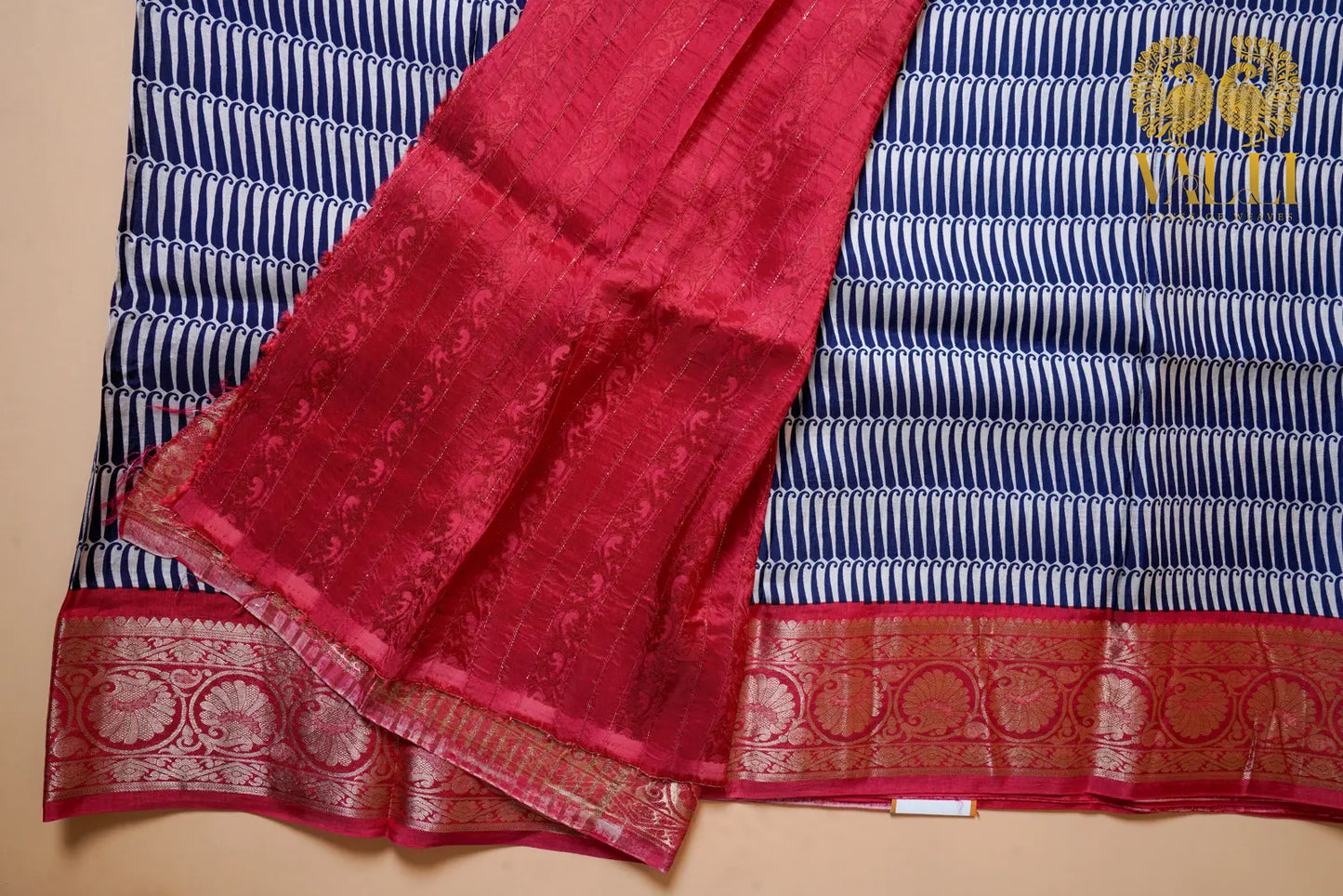 Navy Blue Printed Saree with Rich red Zari Border