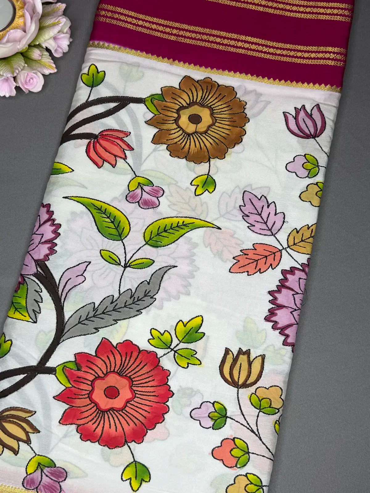 Stripes Kantha pure Mysore crepe Rani pink