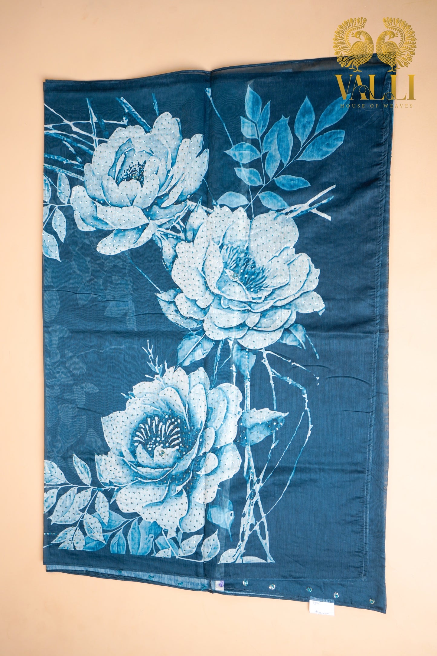 Teal Blue Chandri Cotton Saree with Sequin Pallu