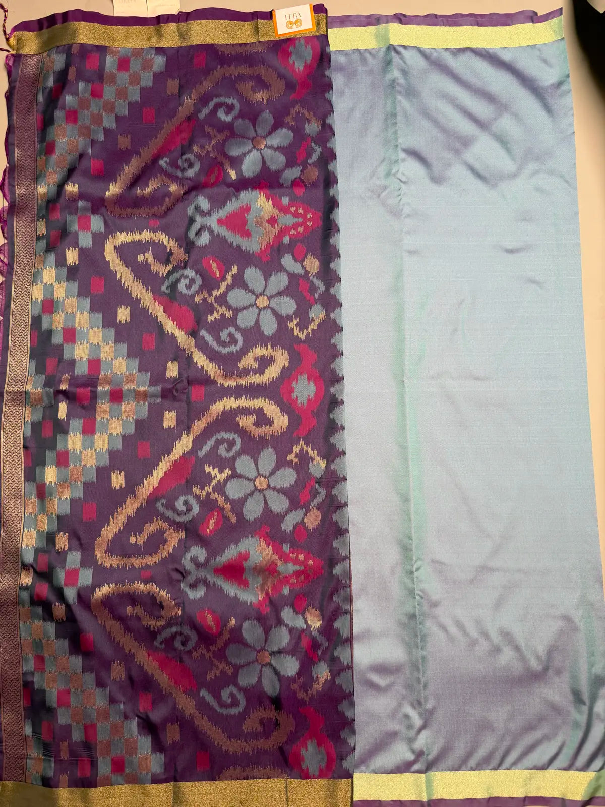 Olive Green Saree with Heavy Ikat Purple Pallu & Zari Border