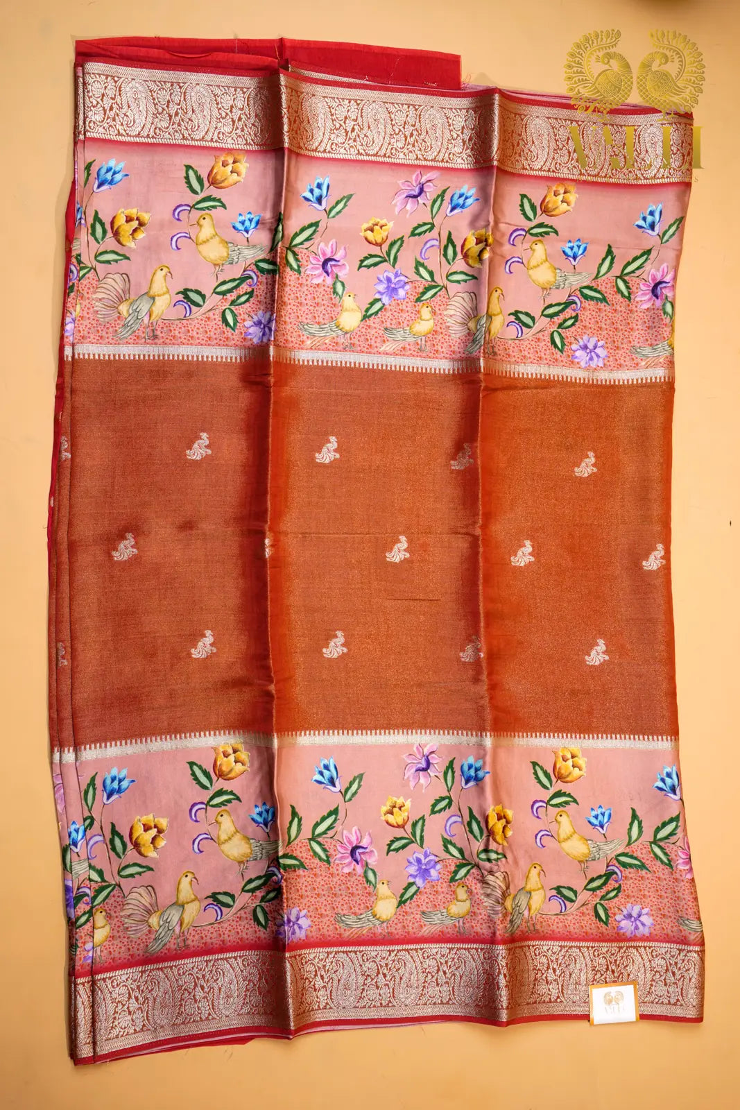 Rust Orange Semi Crepe Saree with Digital Print & Tissue Weave Kamakshi