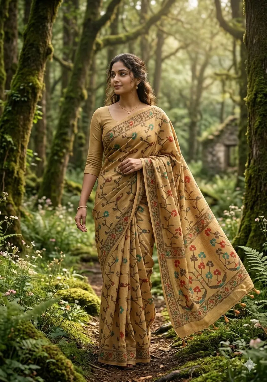 Beige Handwoven Floral Saree with jaamdani weaves