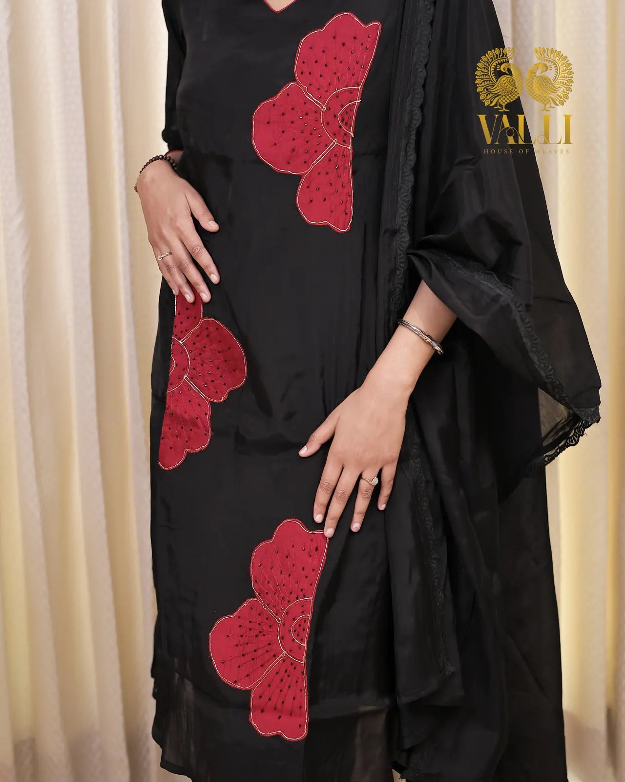 Red appliqué salwar A LINE pattern with duppata and straight cut pant