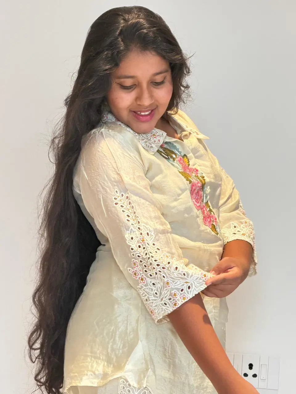 Ivory white Embroidered Coord Set with cut work