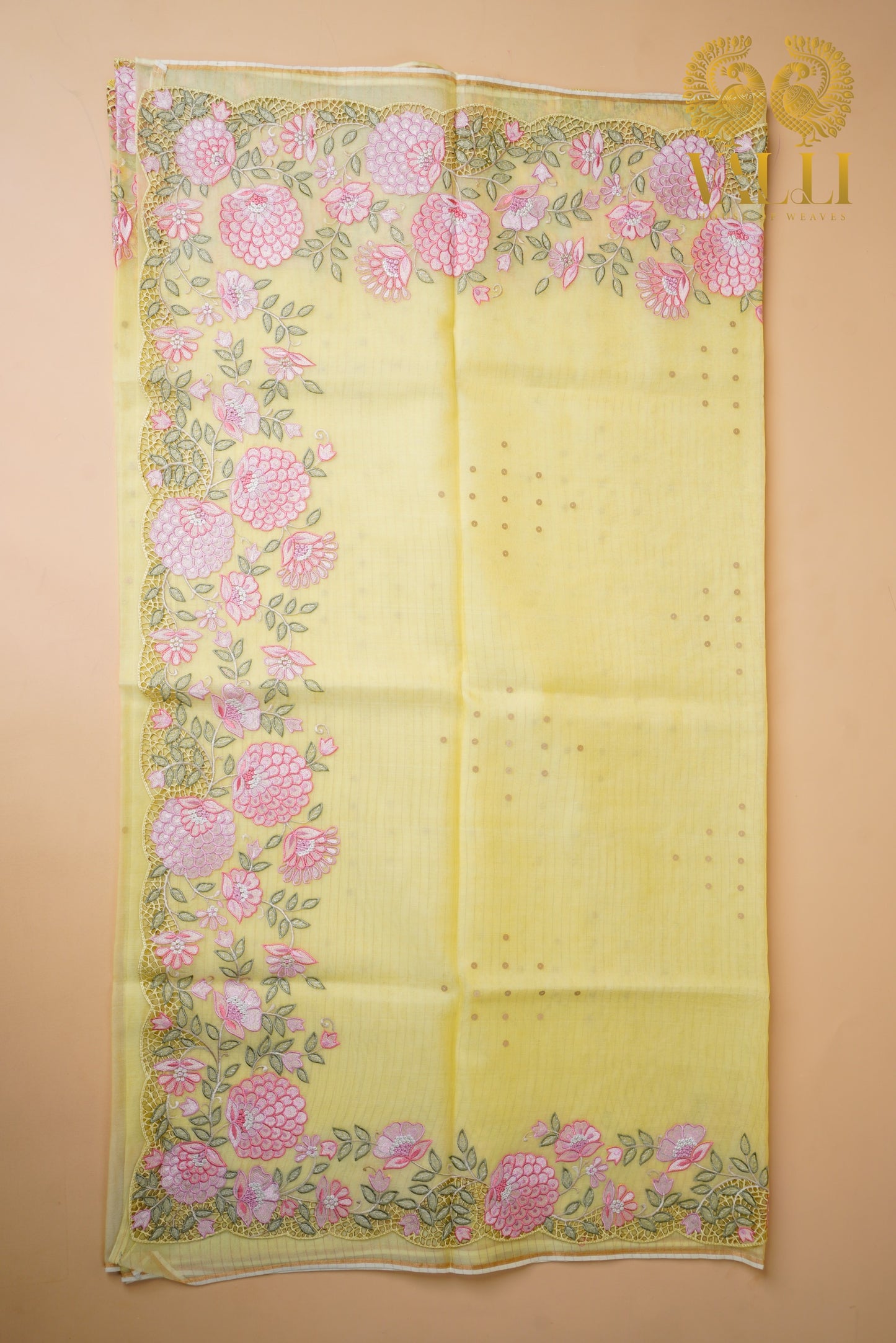 Pure Kora Lemon yellow organza cutwork saree