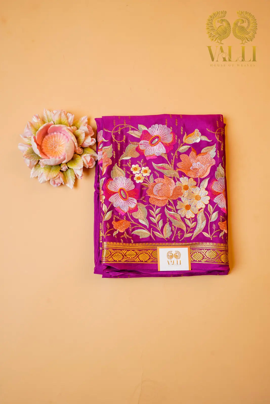 Plum Purple Mysore Crepe Silk Saree with Embroidered Border