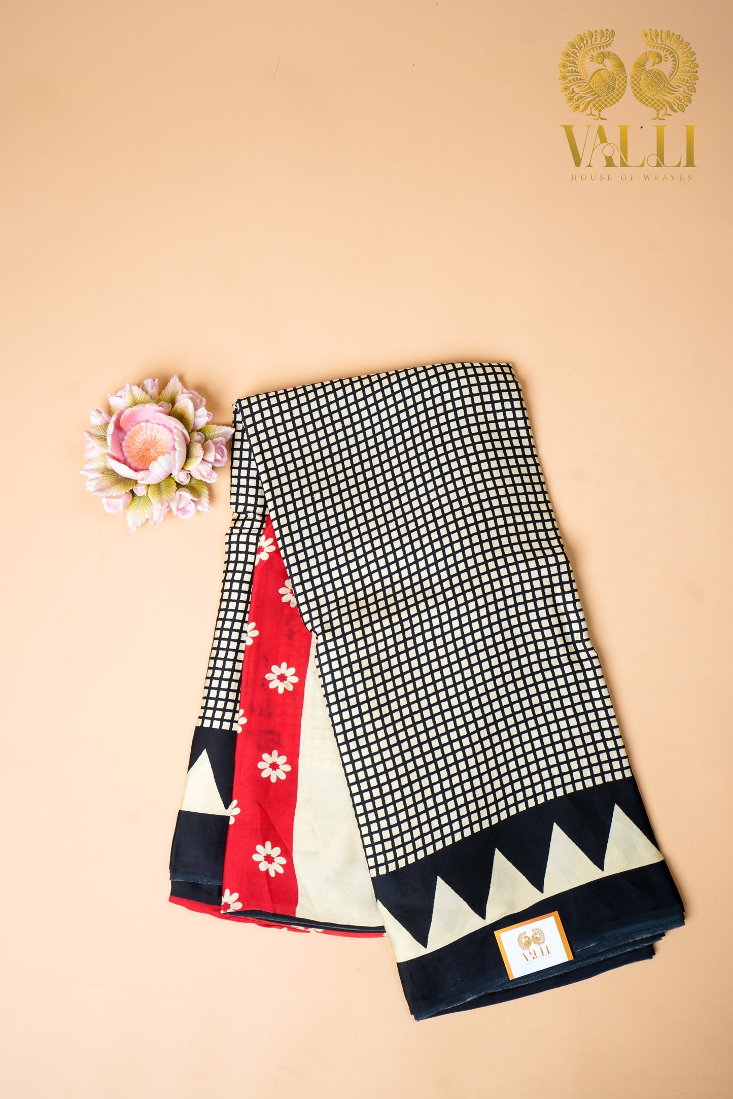 Black checks modal silk saree with red pallu