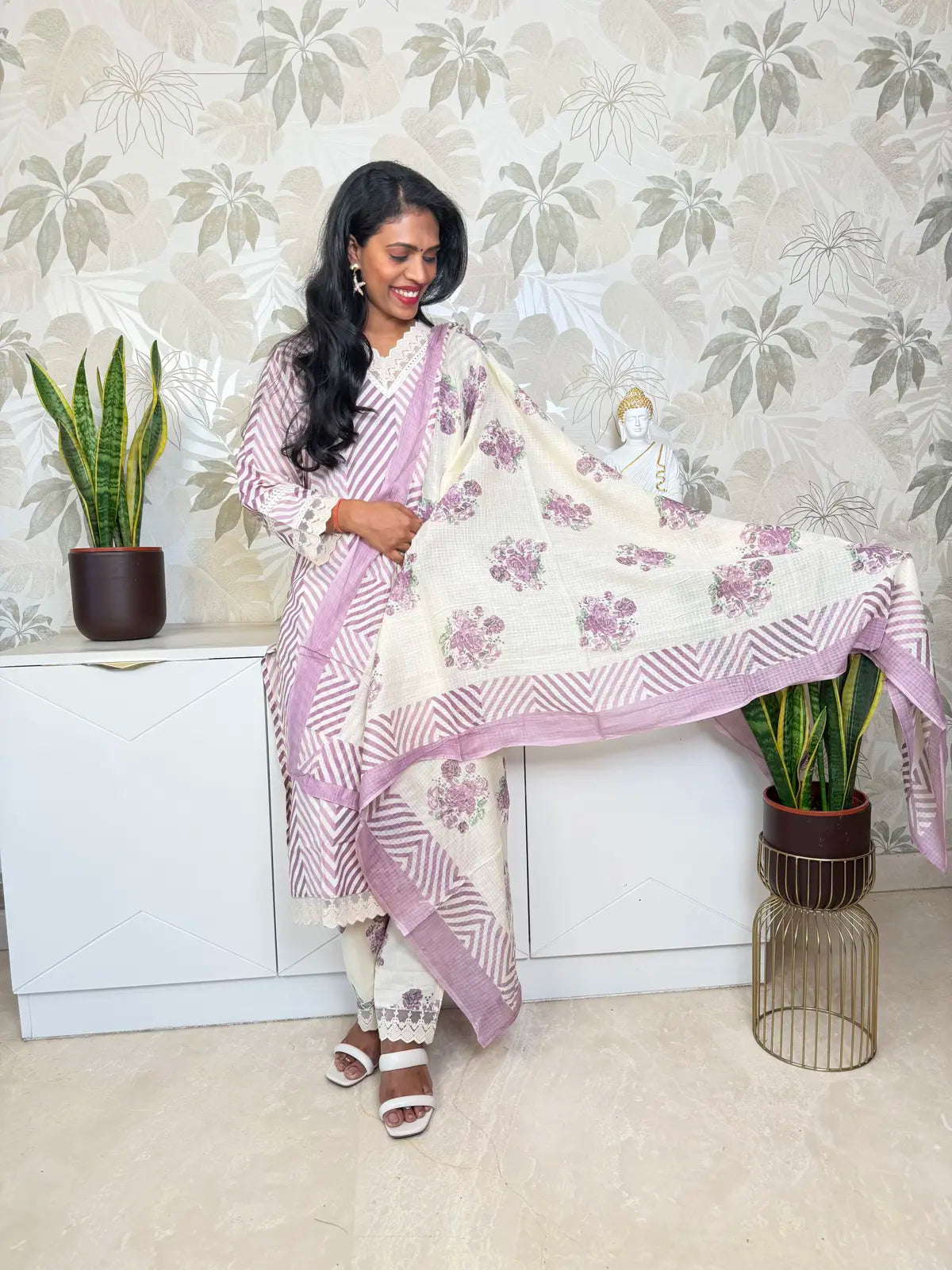 Off-White and Lavender Salwar Set with Stripe and Floral Design