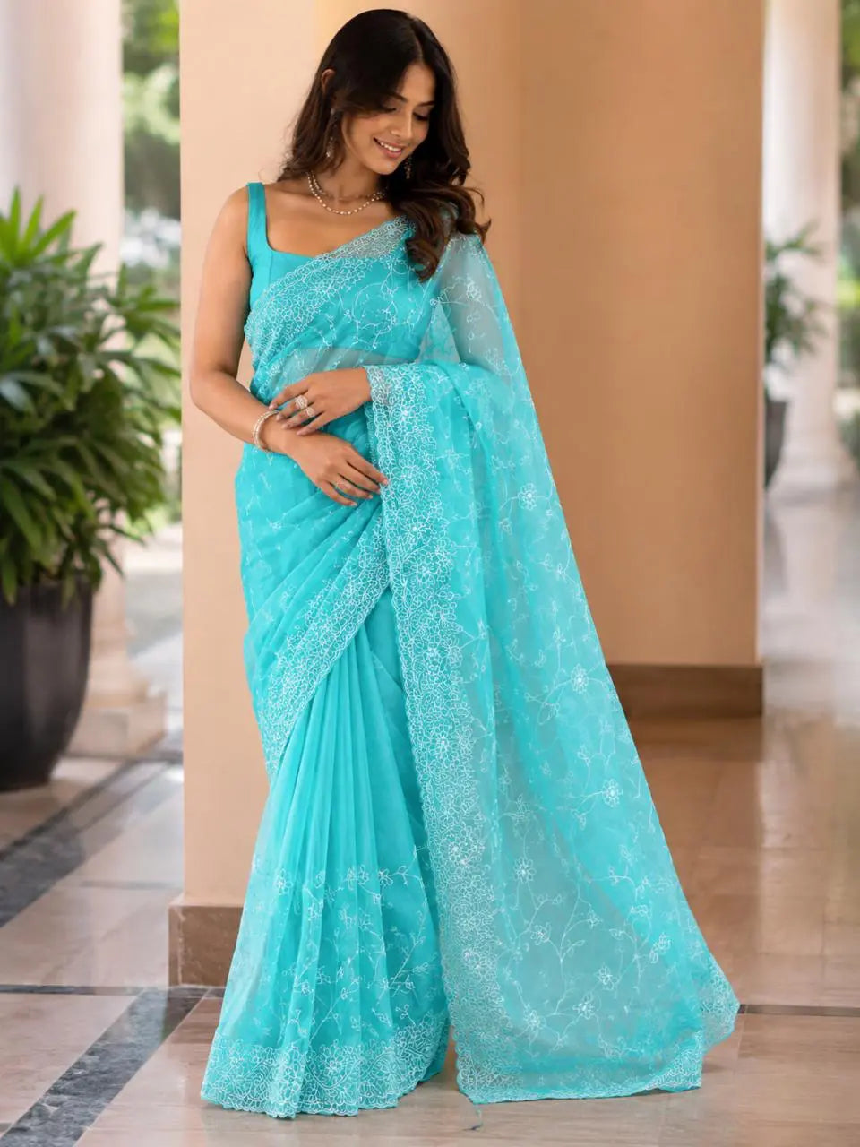 Rama Blue Organza Saree