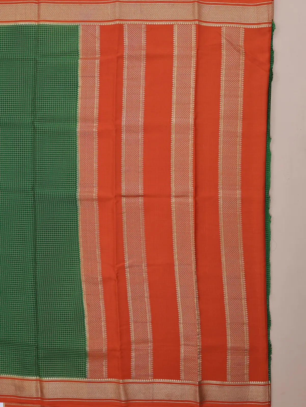 Checks Saree – Parrot Green with Orange Contrast