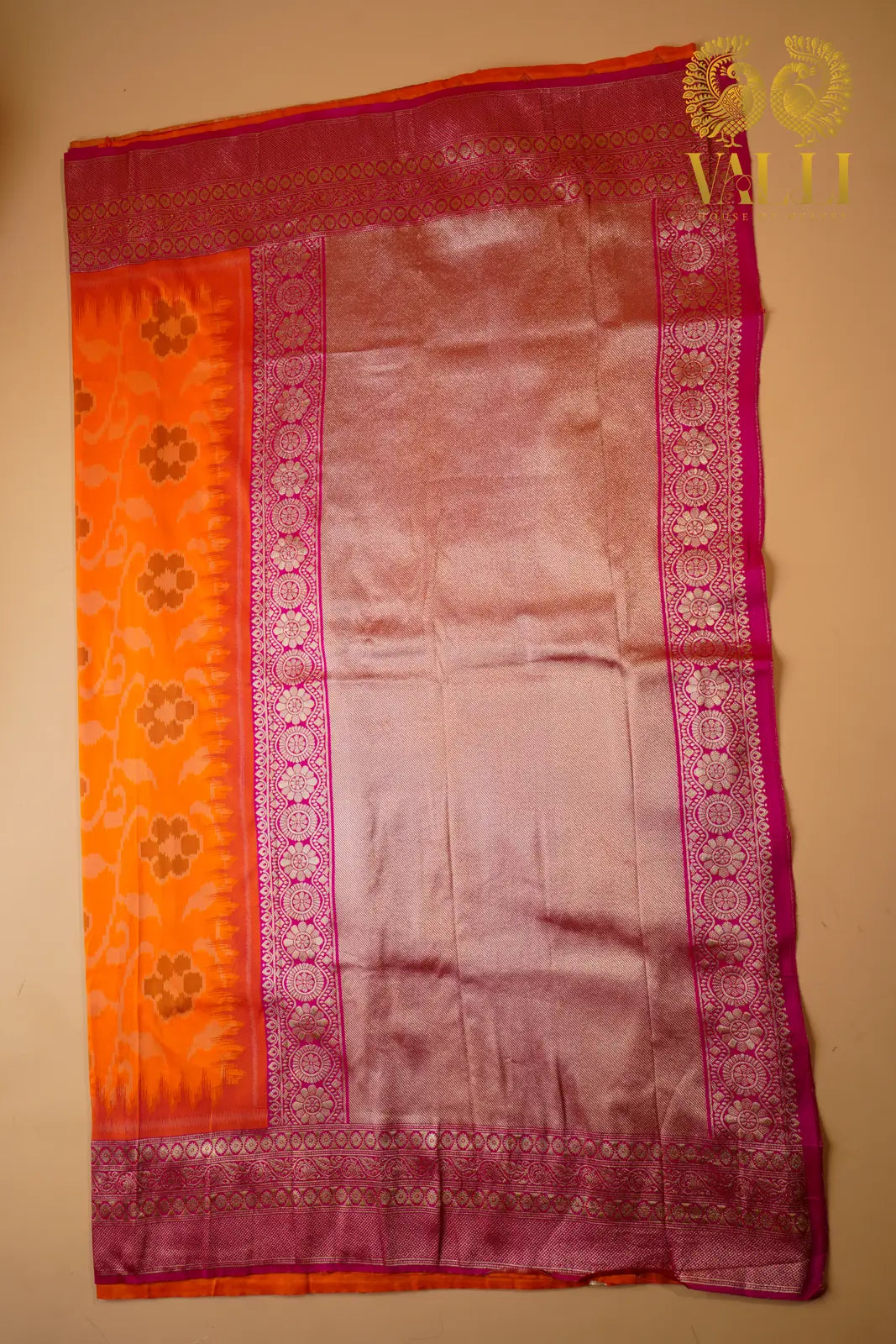 Orange Semi Banarasi Silk Saree with Pink Zari Border