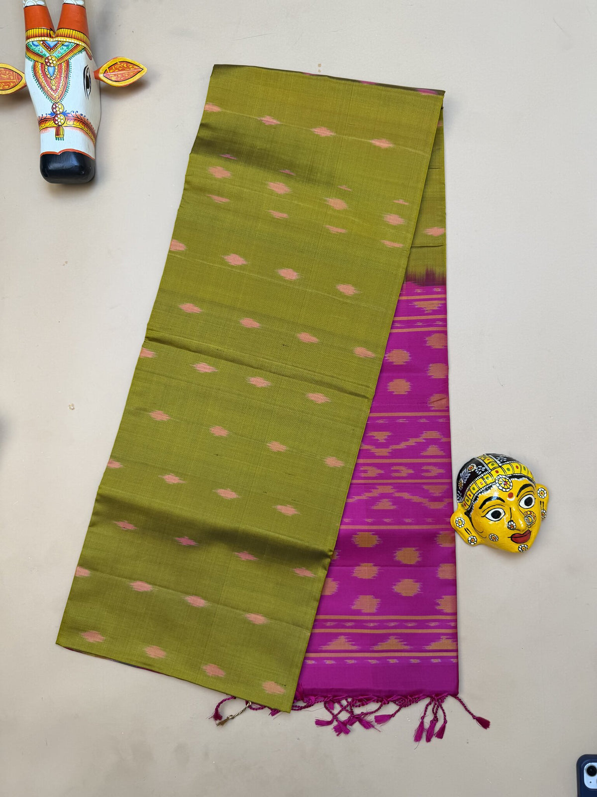 Pochampally Mehendi Green and Rani Pink Saree