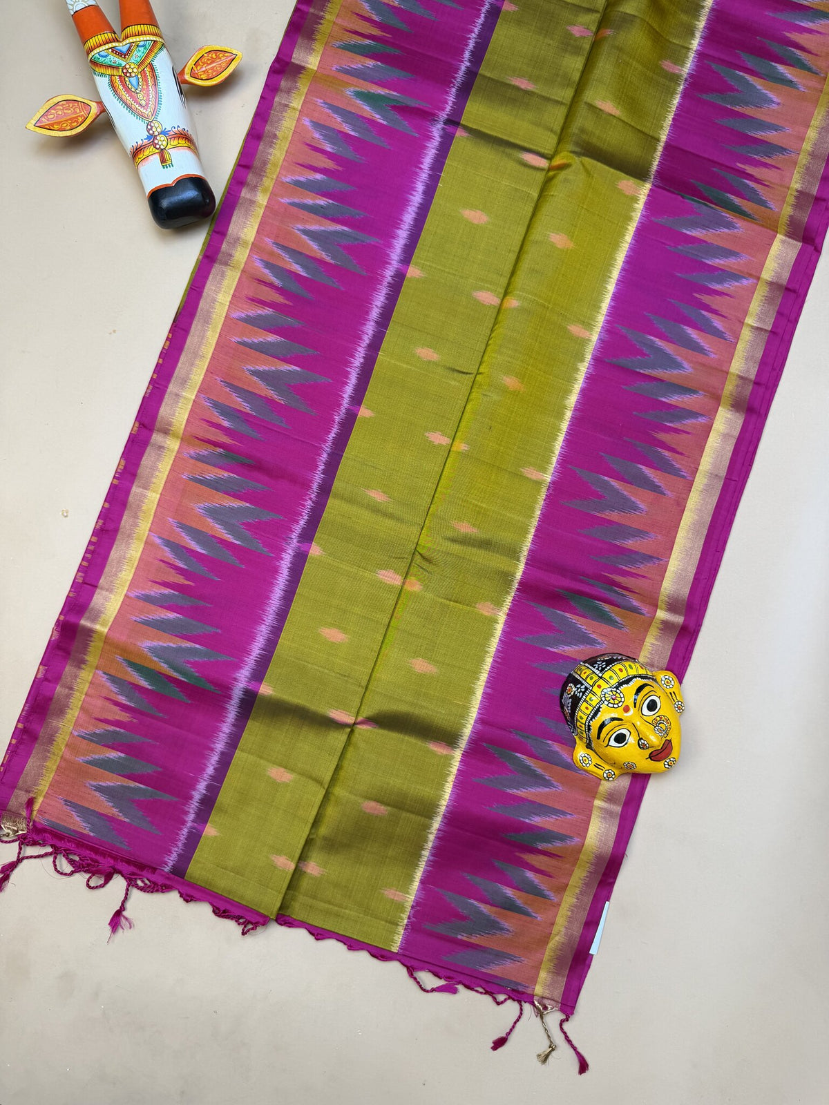 Pochampally Mehendi Green and Rani Pink Saree