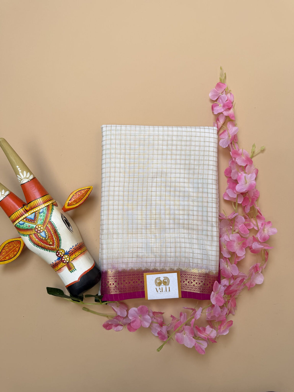 White + Pink Semi Crepe Saree