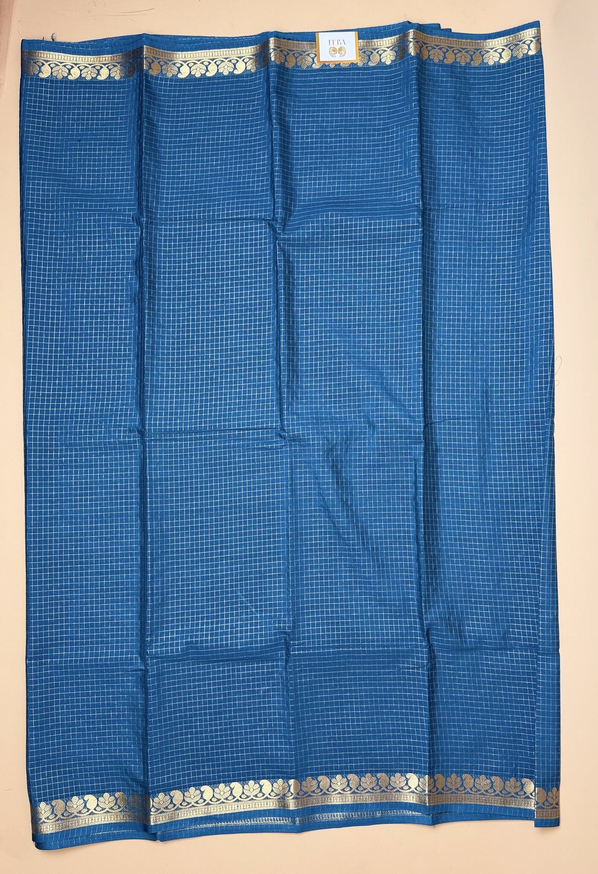 Teal Blue Semi Crepe Saree with Mango Border & Self Checks