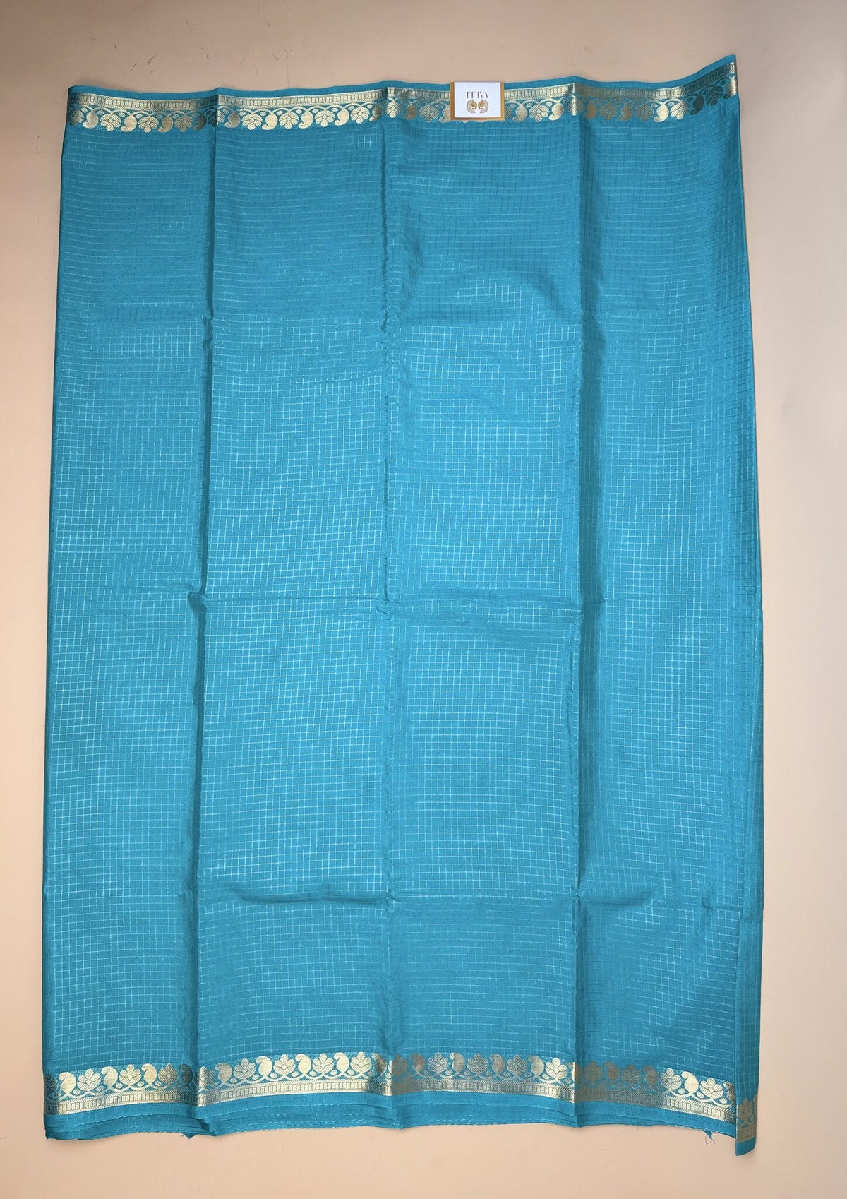 Sea Blue Semi Crepe Saree with Mango Border & Self Checks