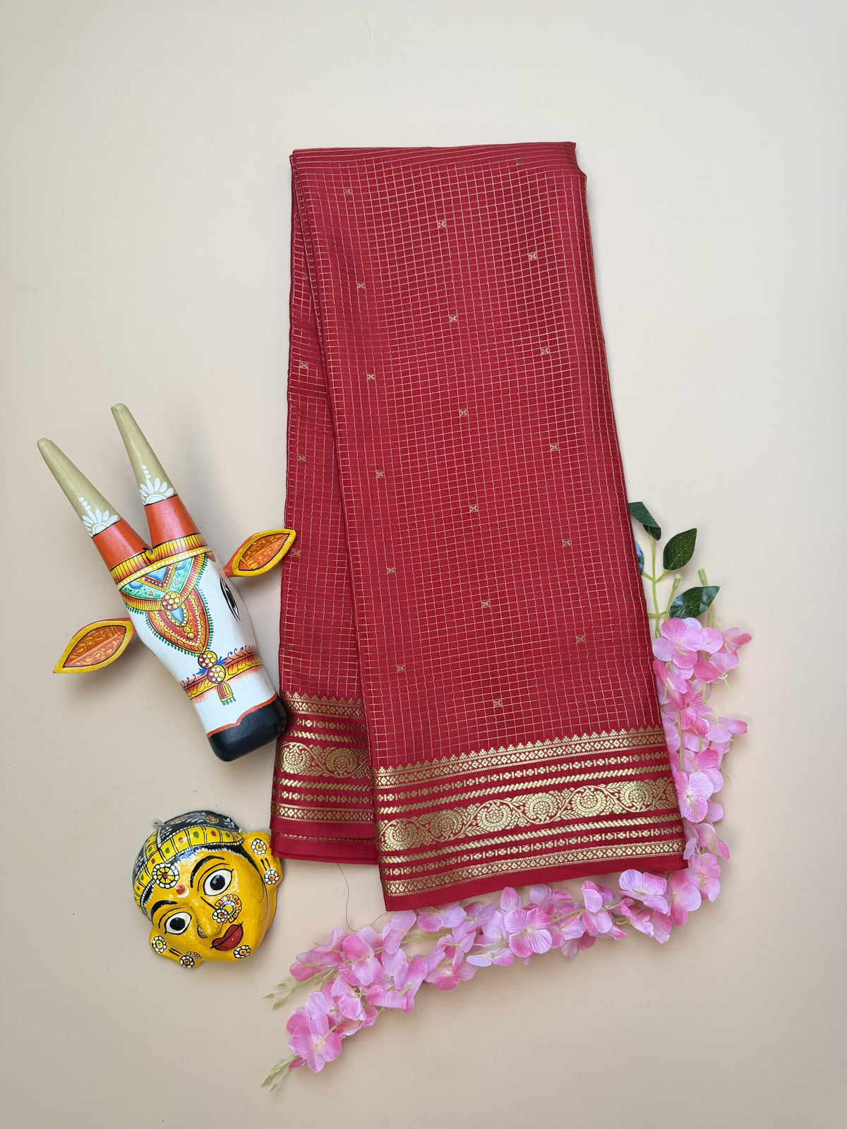 Red Pure Mysore Crepe Silk Saree with Small Self Checks