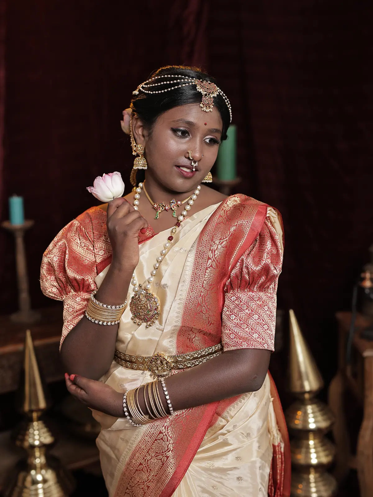 Crimson red and ivory satin banarasi saree