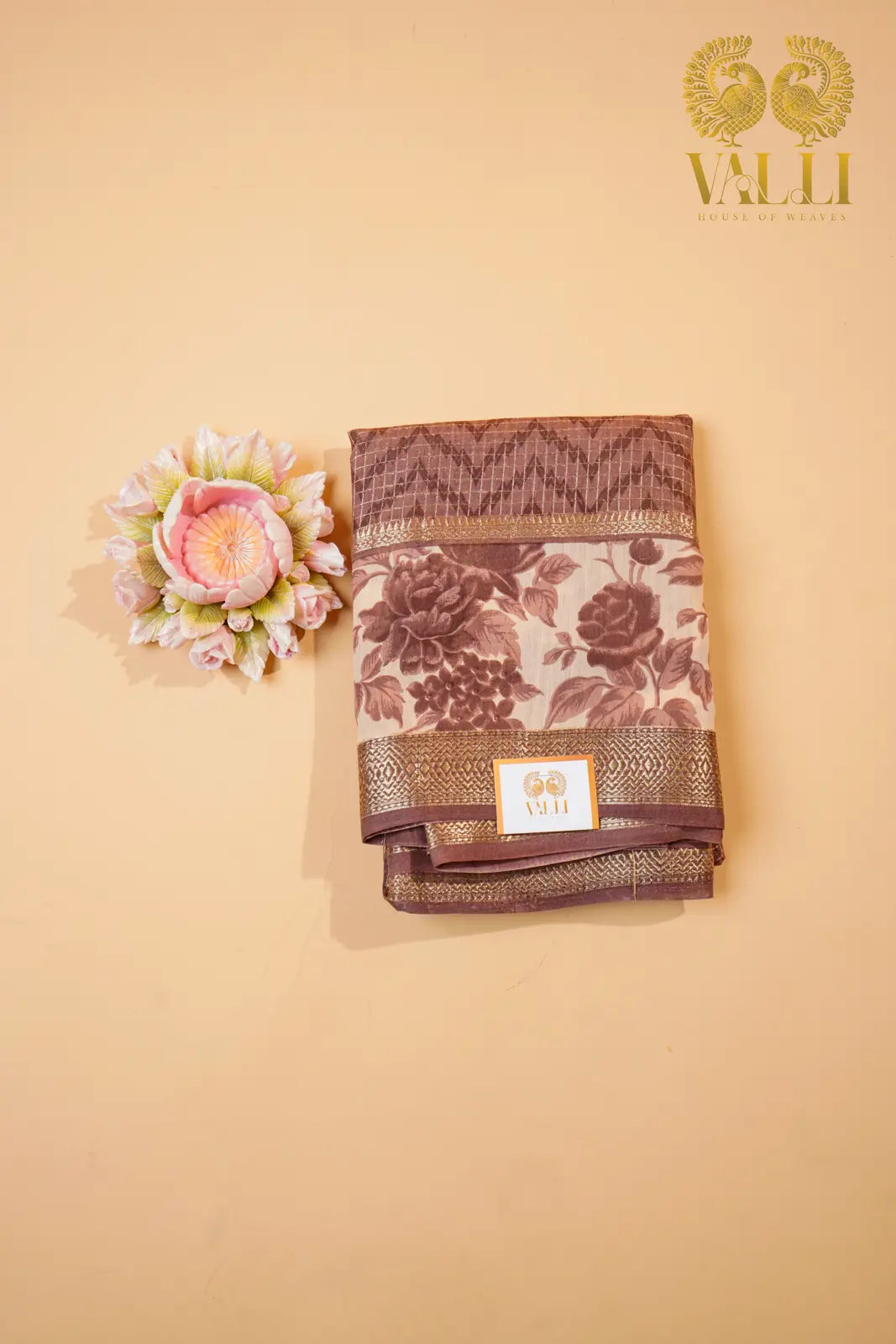 Cotton Zig Zag Saree – Brown Viscose Cotton with Zari Checks & Floral Border
