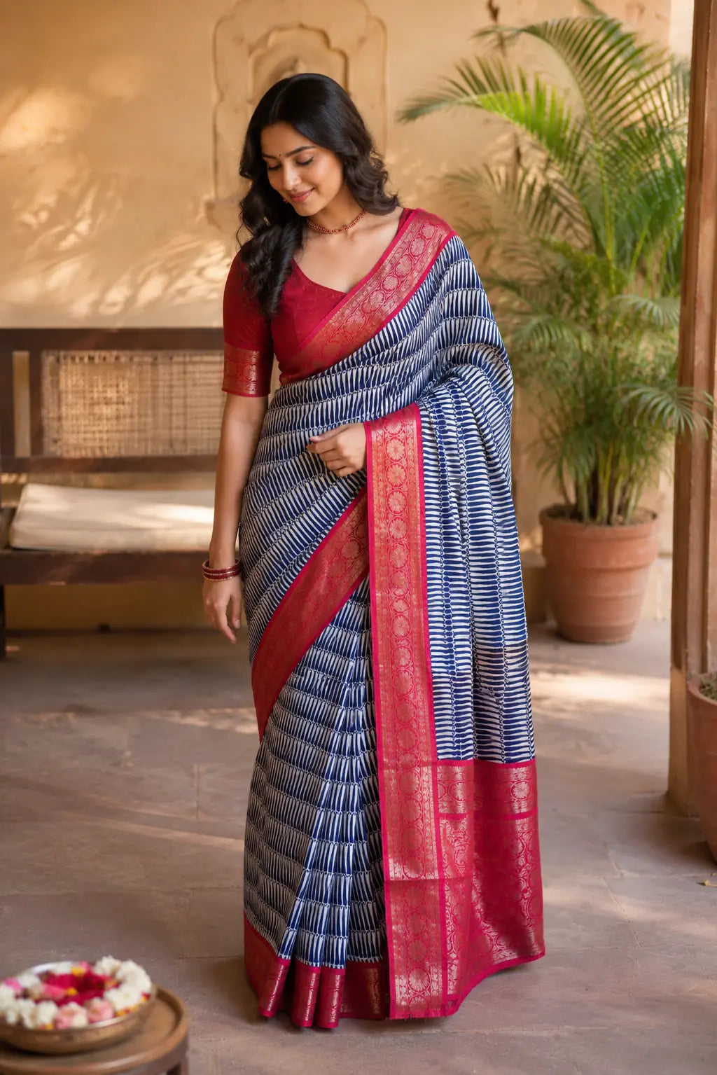 Navy Blue Printed Saree with Rich red Zari Border