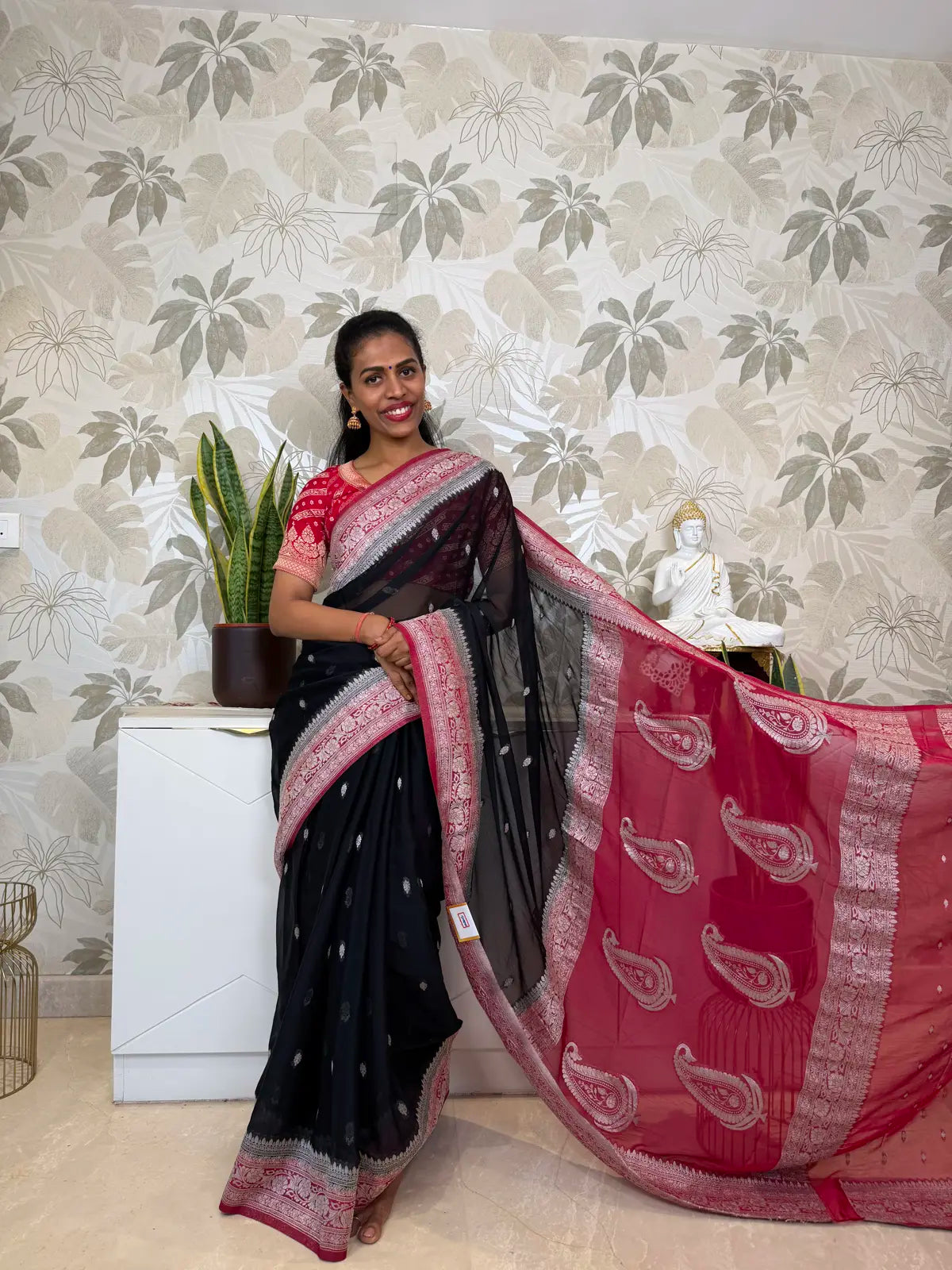 Black Chiffon Saree with Elegant Silver Zari Border