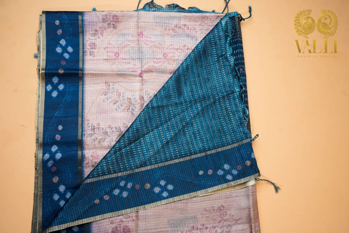 Eco print tussar saree beige +Teal blue
