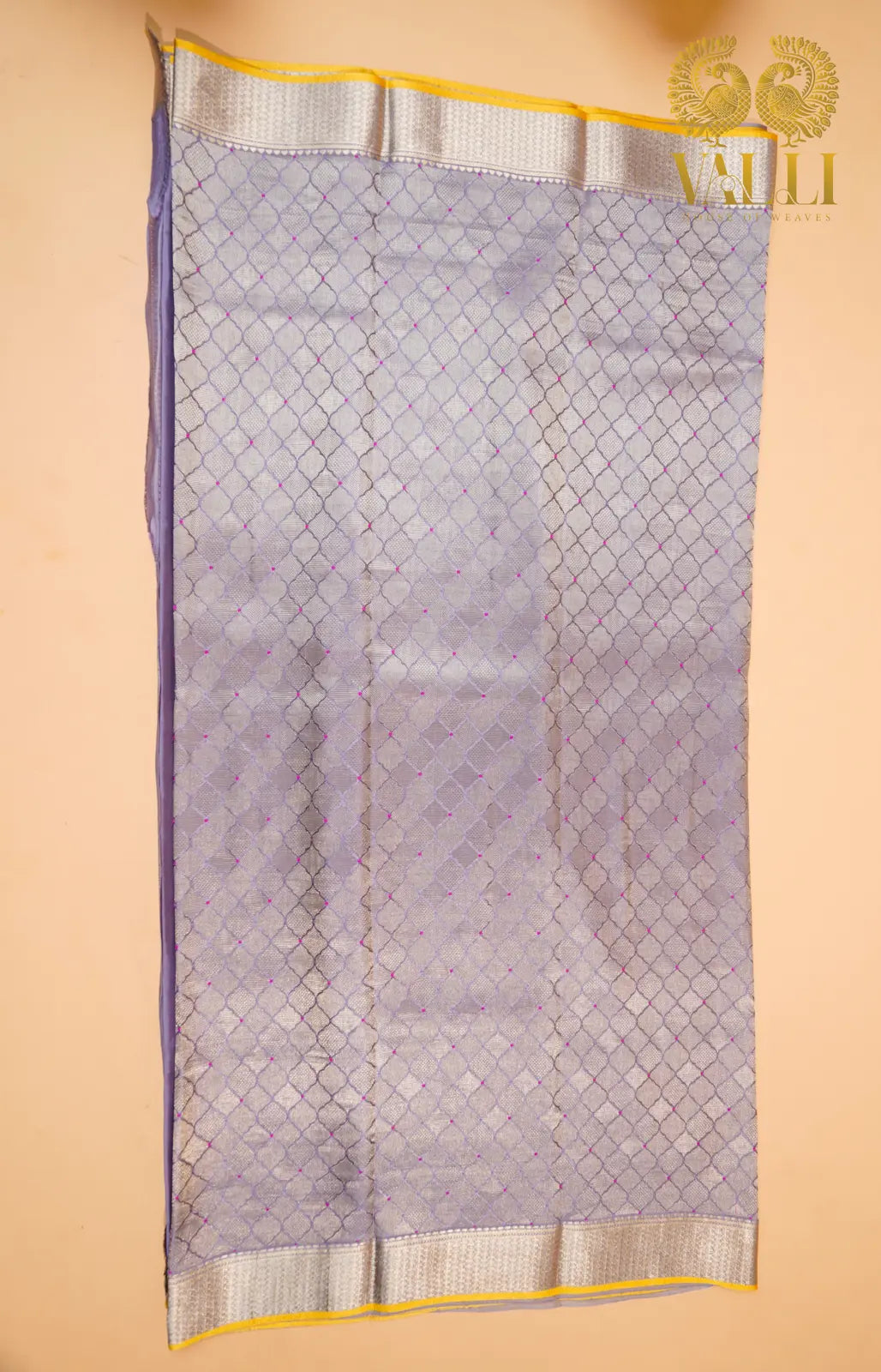 Greyish Lilac Banarasi Crepe Silk Saree with Yellow Selvage
