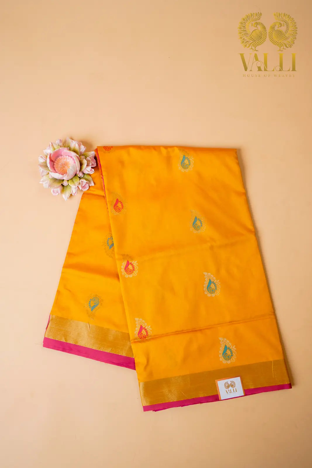 Motif Soft Silk Saree – Mustard Yellow with Contrast Pallu & Pink Blouse