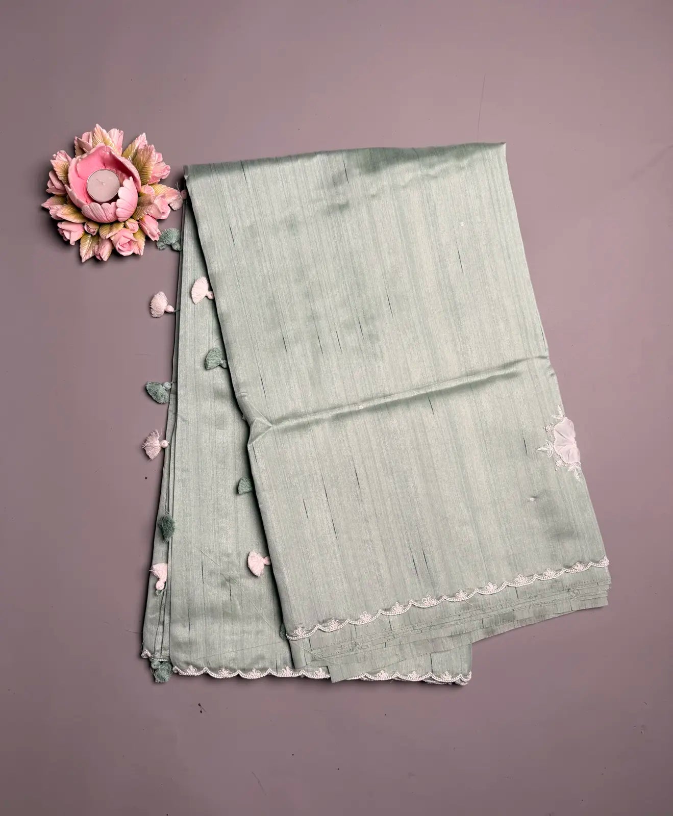 Pastel Green Taar Silk Saree with Appliqué Lace & Pearl Scallop Border