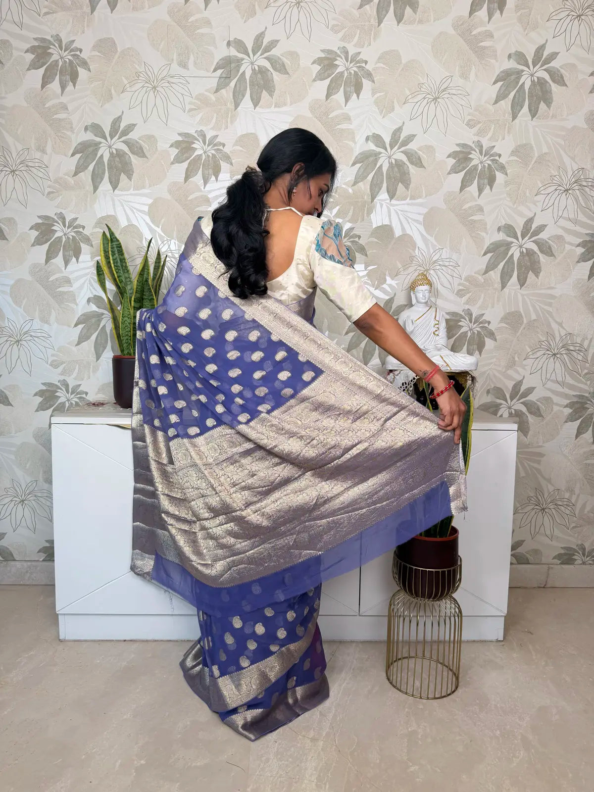 Violet Blue Chiffon Saree with Mango (Paisley) Butti Design