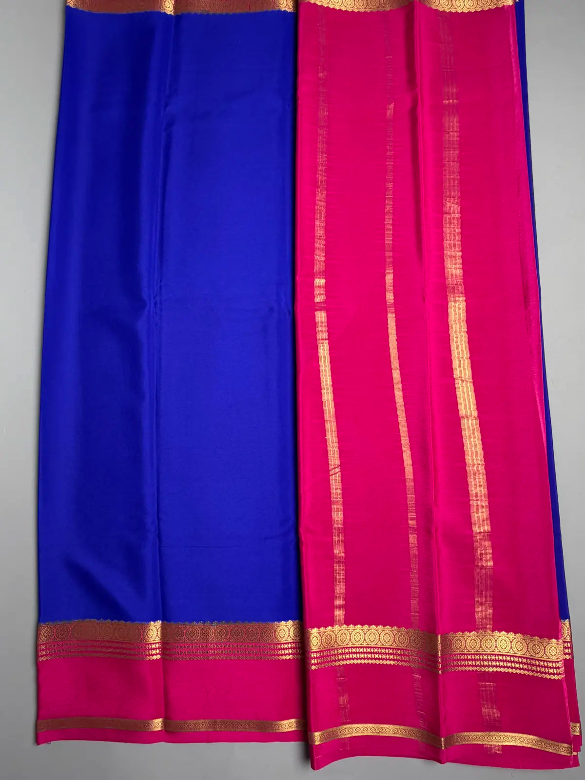 Royal Blue pure Mysore Crepe Silk Saree with Rani Pink