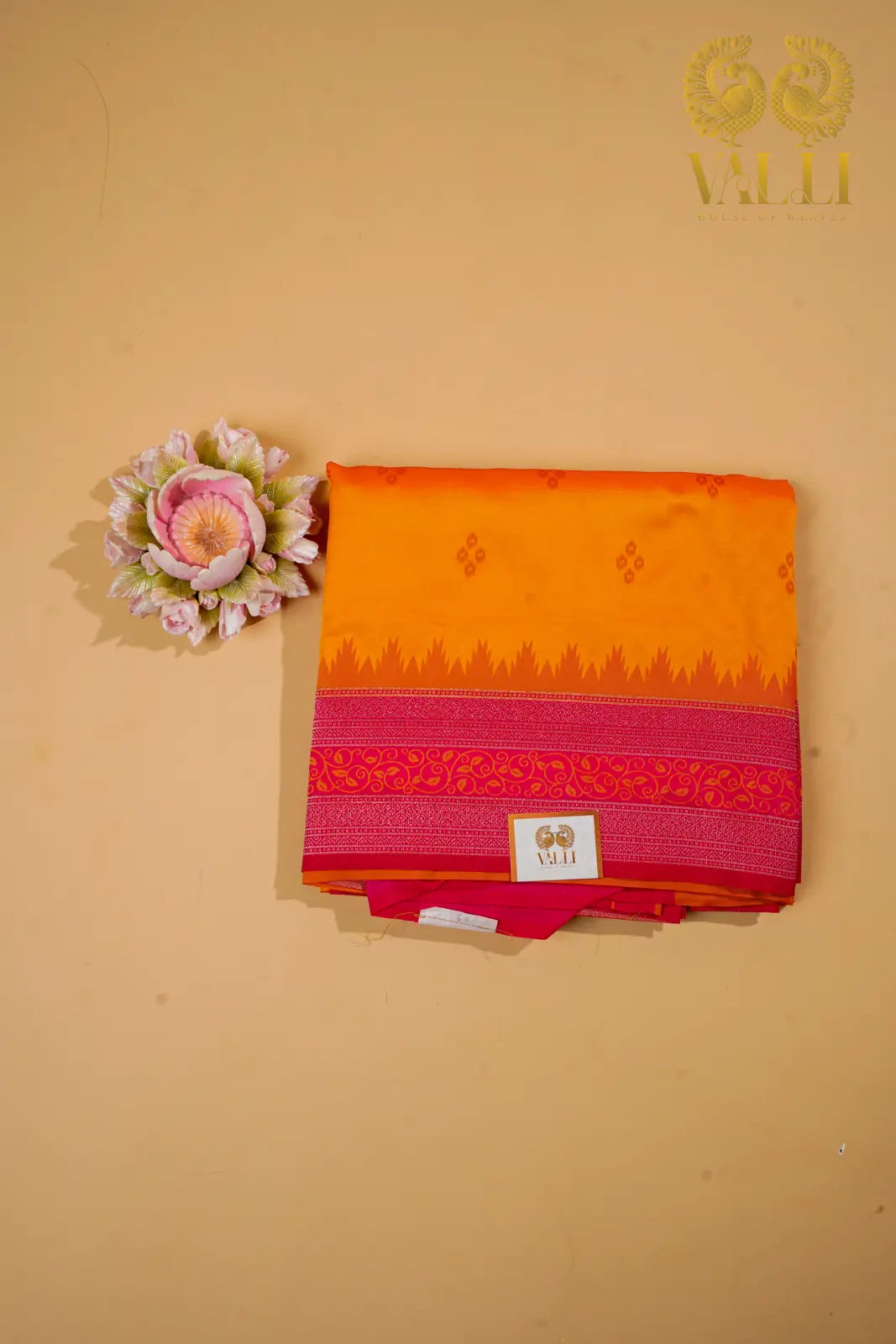 Traditional Soft Silk Saree – Mustard Yellow with Ikat Motifs & Contrast Pink Brocade Pallu