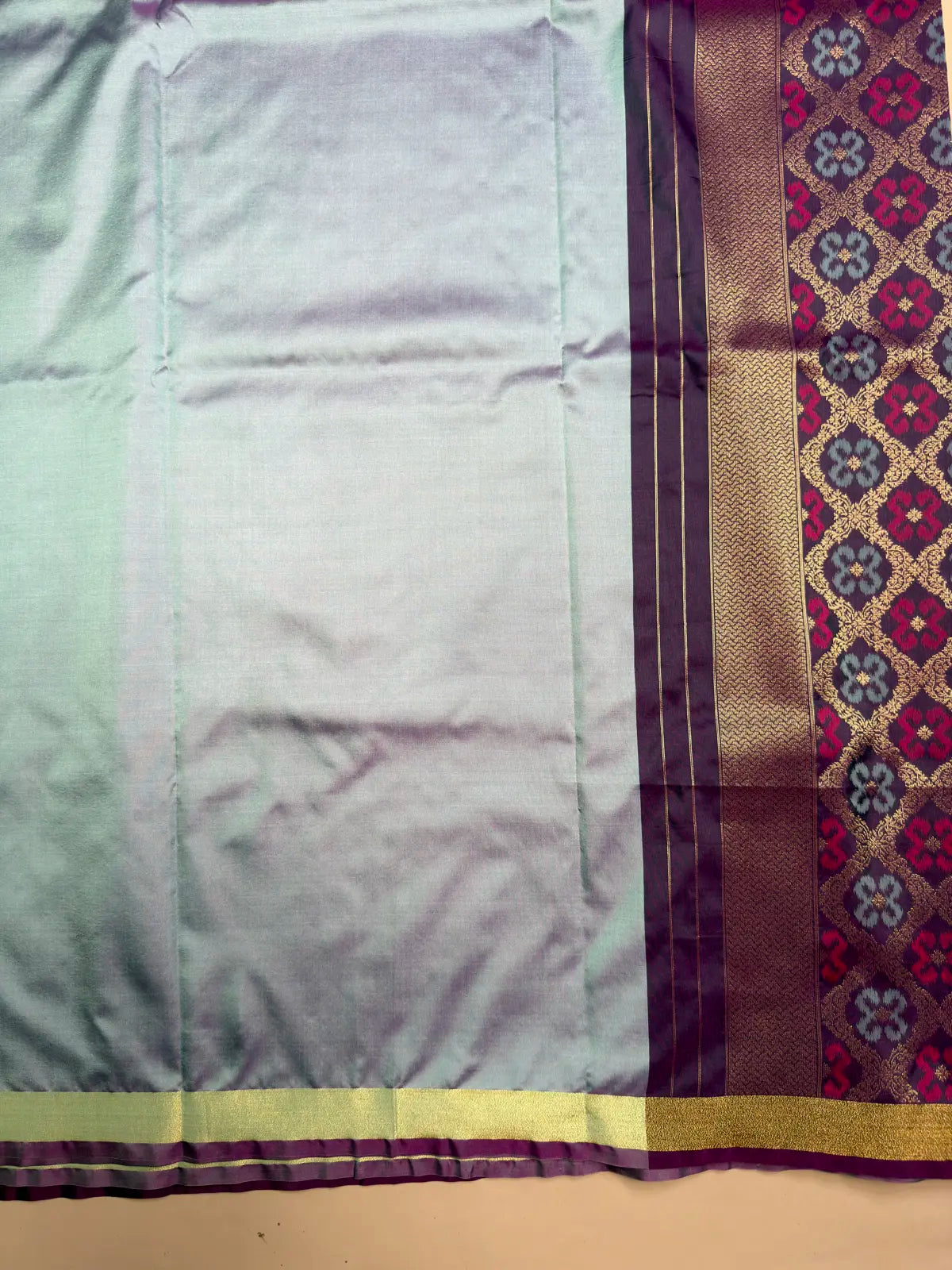 Greyish Blue Saree with Dual Purple Ikat Pallu & Zari Border