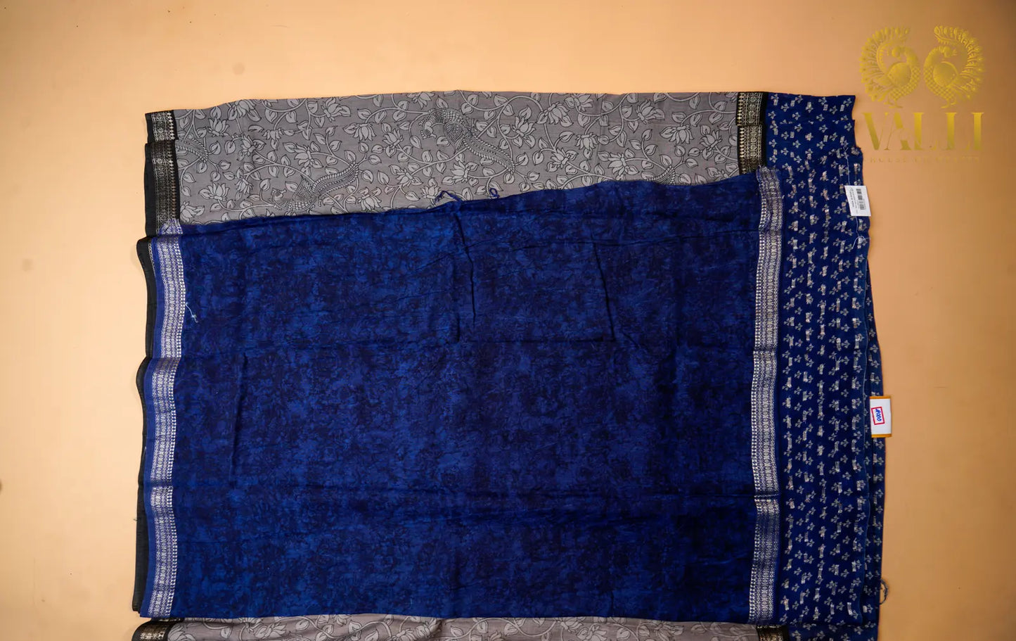 Kalamkari cotton saree grey + blue